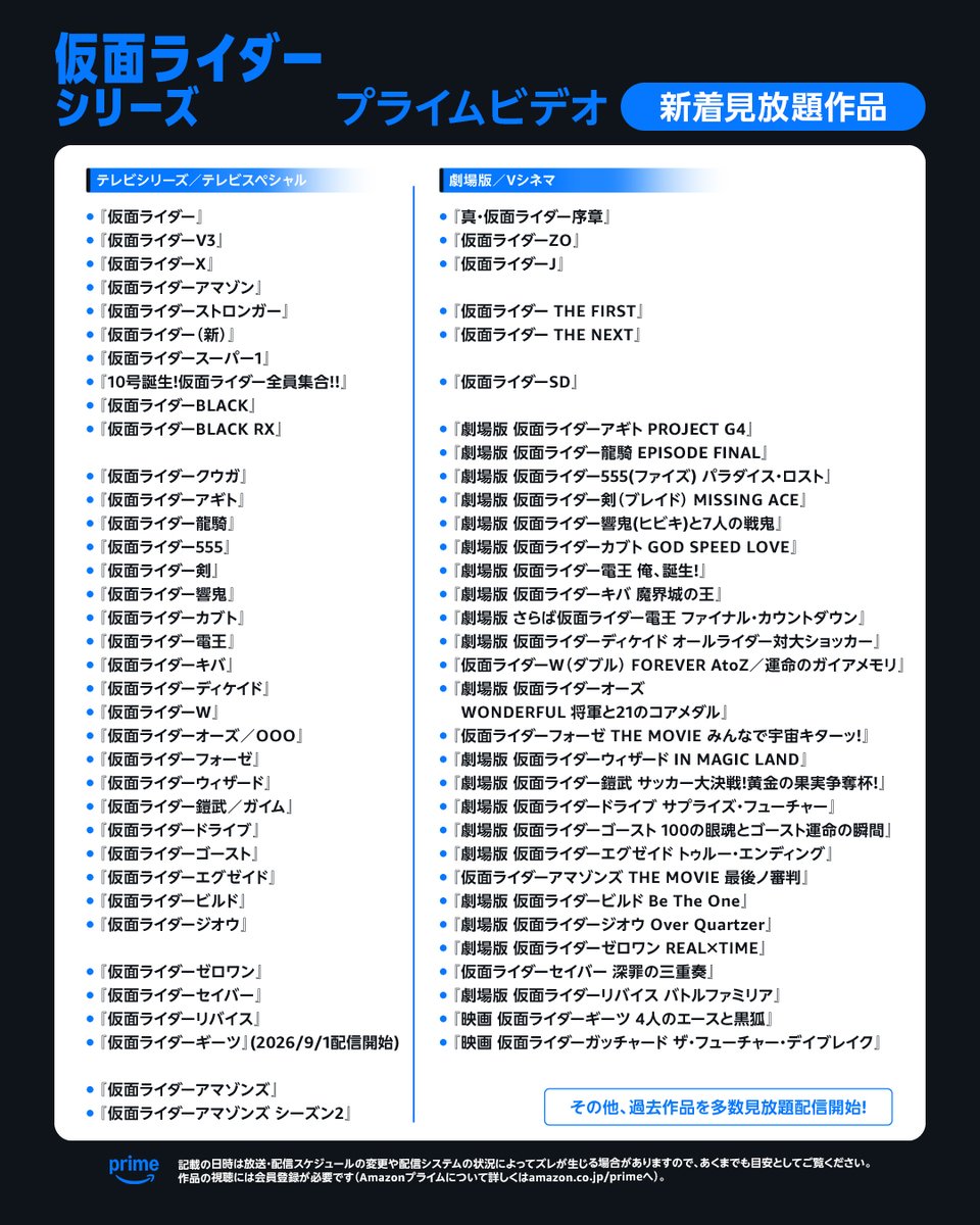 PrimeVideo_JP's tweet photo. ＼変身！／

『仮面ライダー』
シリーズ146作品
見放題配信開始💥

『仮面ライダーアギト』
『仮面ライダーアマゾンズ』
『劇場版 仮面ライダージオウ
　Over Quartzer』…

懐かしの作品から
近年の話題作まで一挙配信！

思い出のヒーローの戦いを
プライムビデオでもう一度🔥 https://t.co/bXpAd1q5M5