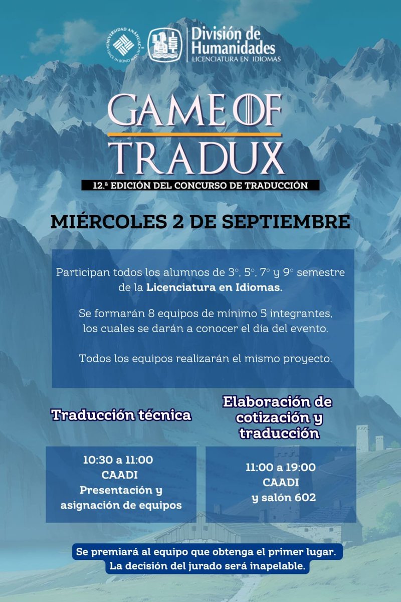 IEST_Idiomas's tweet photo. Alumnos de la Licenciatura en Idiomas del @iestanahuac participarán en el concurso de traducción "Game of Tradux."

🗓️ Miércoles, 2 de septiembre de 2026 https://t.co/xQ1qD0IMJD