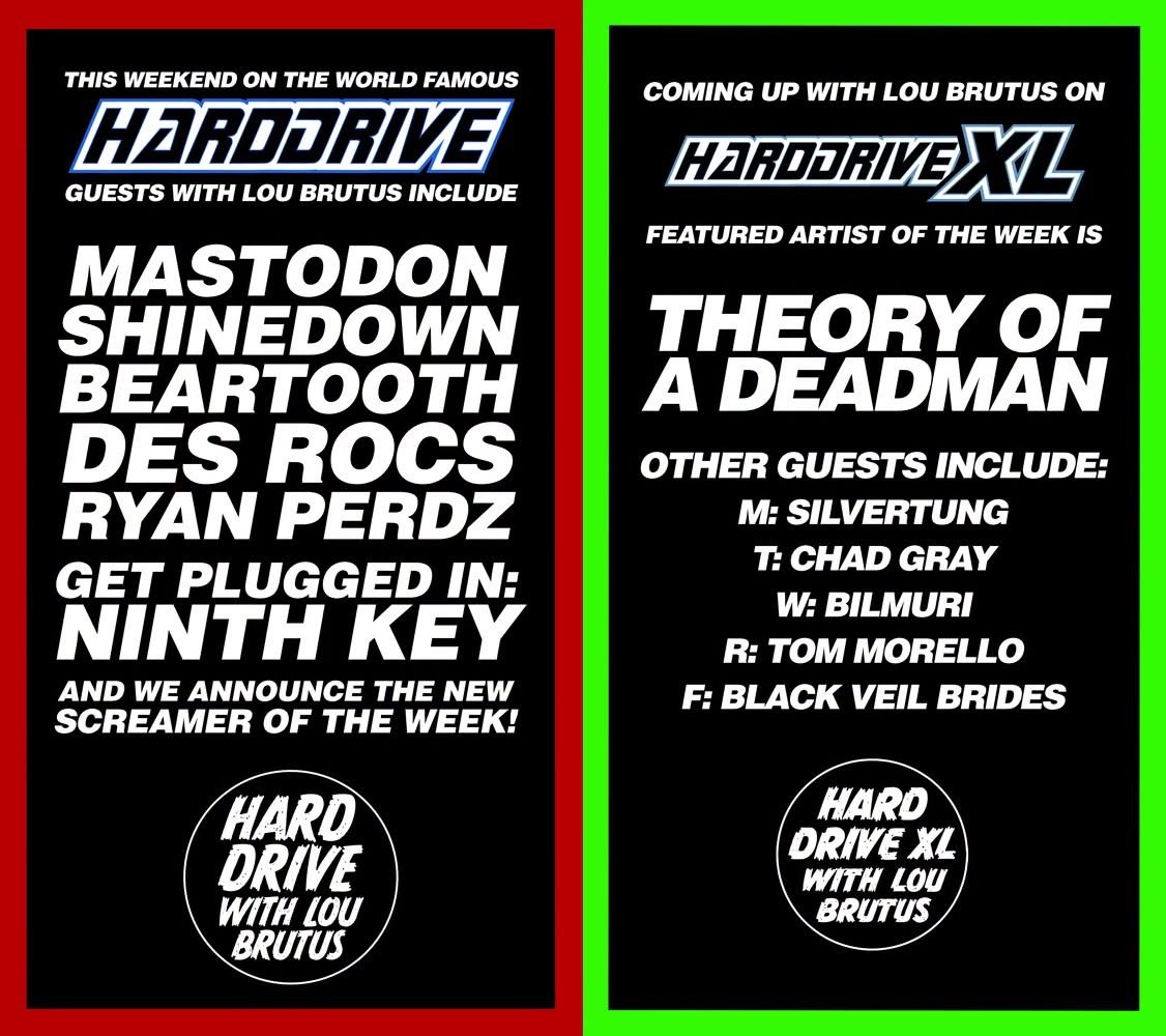 Silvertung1's tweet photo. Exciting news from HardDrive Radio with Lou Brutus 

“Here are the rock star guests joining Lou Brutus on HardDrive Radio and HardDrive Radio XL!

Over the weekend of August 29/30, we speak to Mastodon, Shinedown, Beartooth, Des Rocs, and Ryan Perdz. Speed from Silvertung. https://t.co/SratekVeFZ