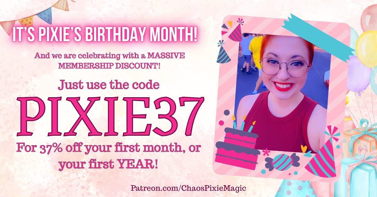 ChaosPixieMagic's tweet photo. Quick, before my birthday month is over and the discount code ends! Come take advantage of this MASSIVE savings over on Patreon!

Writing, worldbuilding, and whimsy galore 🥰

#IndieAuthor #BirthdayGirl #Writer https://t.co/ewGAdismYT