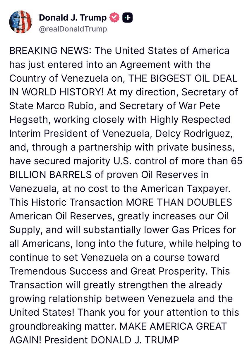 MAGAVoice's tweet photo. 🚨 President Trump stuns the World announcing the “Biggest Oil Deal in History” with Venezuela

DEMOCRATS WOULD HAVE NEVER DONE THIS

I absolutely voted for this 🔥 https://t.co/NLQZTvdORQ