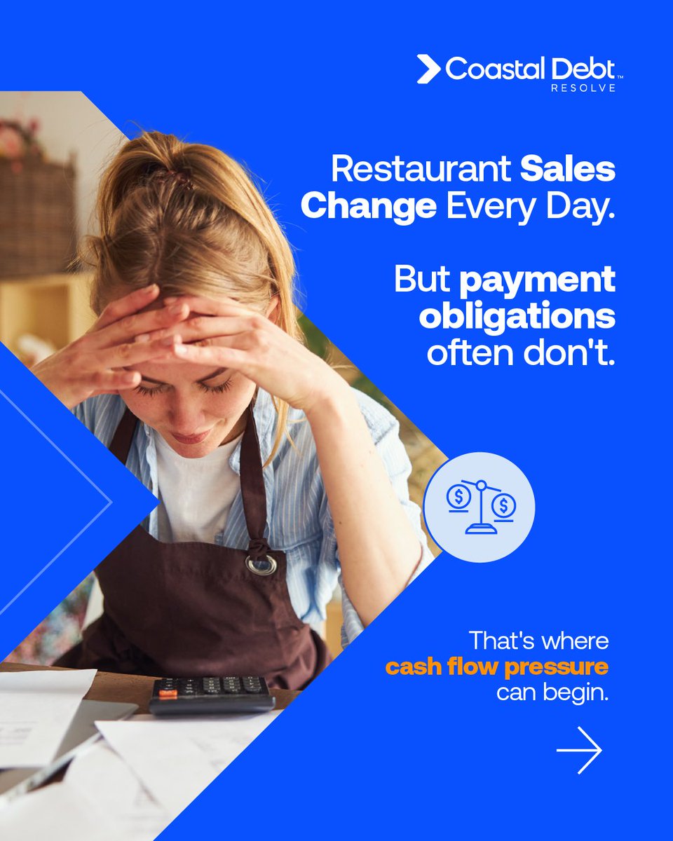 Coastal_Debt's tweet photo. Running a restaurant means managing constant change.
Customer traffic, food costs, staffing, and seasonal demand can all affect daily cash flow. When Merchant Cash Advance (MCA) payments are added to the mix, some restaurant owners may find cash flow more difficult to manage.

Understanding how payment timing and cash flow work together is an important part of assessing and evaluating the available options.

In this QSR Magazine article, Coastal Debt Resolve shares insights into how MCA obligations can affect restaurant cash flow and why understanding your options is important.
Read the full article:
https://t.co/VtA8GcLsXs

#RestaurantOwner #RestaurantBusiness #RestaurantLife #QSRMagazine  #RestaurantIndustry #HospitalityIndustry #FoodService #SmallBusinessOwner #BusinessFinance #WorkingCapital #MerchantCashAdvance #MCADebt #BusinessDebt #CoastalDebtResolve

Disclaimer: Coastal Debt Resolve is not a law firm, and these materials do not constitute legal, financial, or professional advice.