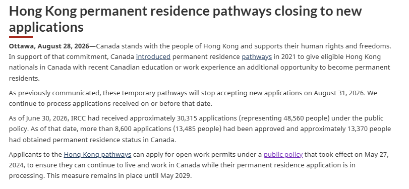 smeurrens's tweet photo. The Hong Kong permanent residence pathways will close on August 31, 2026.

According to today’s notice, 48,560 people have applied through the program, and 13,370 have obtained permanent resident status.

The notice also states that applicants under the Hong Kong pathways can apply for open work permits under a public policy introduced on May 27, 2024. These permits can be issued for up to three years, and the public policy will remain in effect until May 2029.

What the notice does not mention is that, as of February 28, 2026, there were 31,300 applications in the Hong Kong pathways processing inventory.

The 2026 admissions target is just 800.

At that rate, unless something changes significantly, many applicants are going to need those open work permits for a lot longer than three years.

https://t.co/DmrMWYzDuo

https://t.co/iTBZG3O0F1