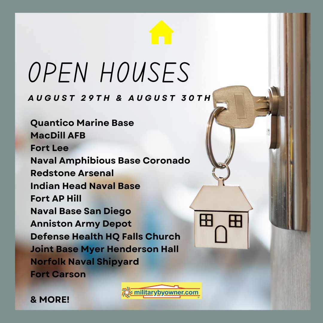 militarybyowner's tweet photo. Discover your next home this weekend - explore these open houses near military bases and find the perfect fit for your family! https://t.co/MpeV0Rlb34

#militarymove #homeselling #fsbo #militarylife #PCS #homebuying #openhouses https://t.co/OKcgWbiZ8Z