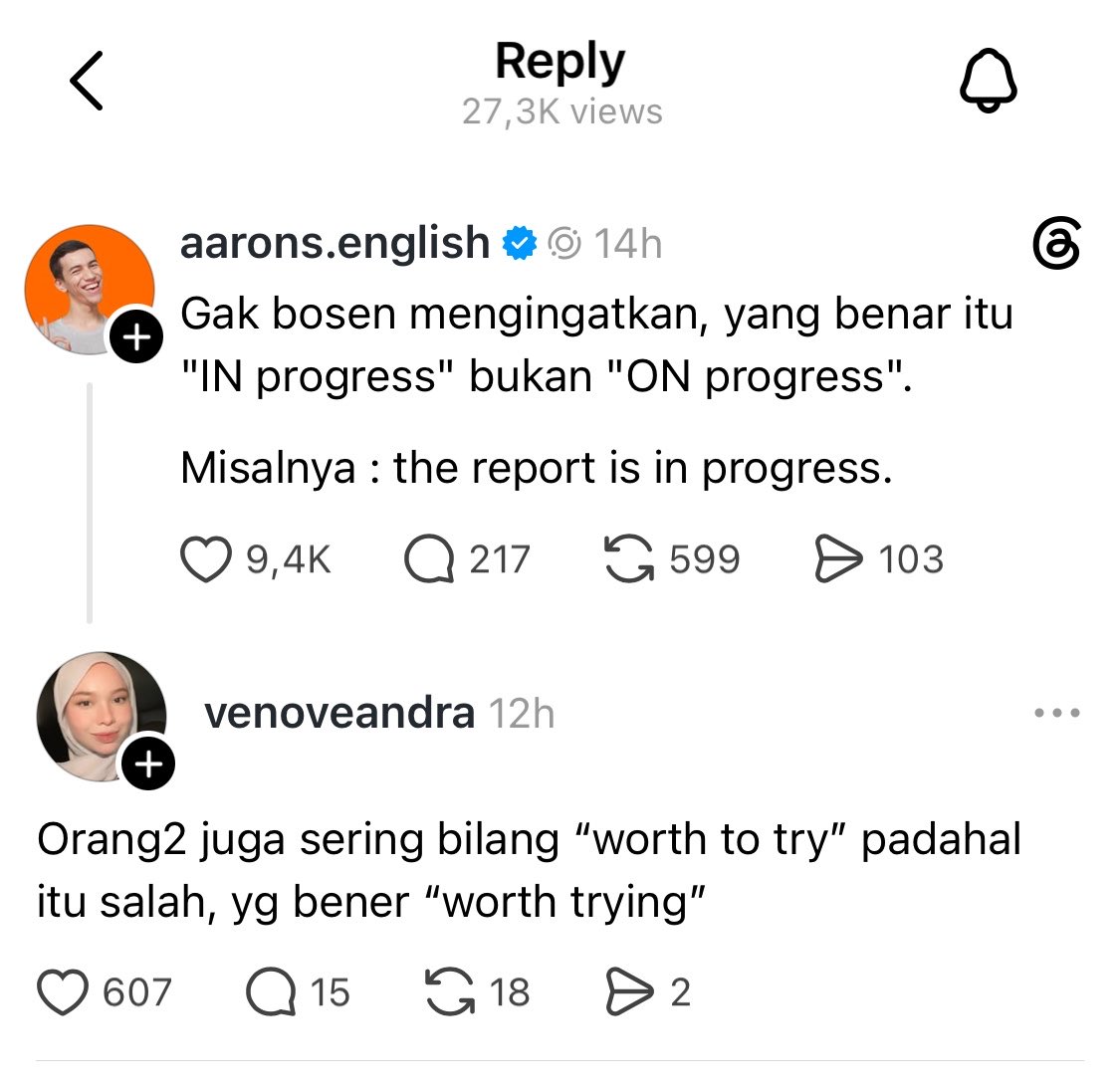 bardanslm's tweet photo. dapet ilmu bahasa enggress lg buka threads. 
ini bener ya kak? @sourvive 

apalagi kira2 yg sering dipake tp sebenarnya salah secara grammar ya??? https://t.co/VIjRVivhjc
