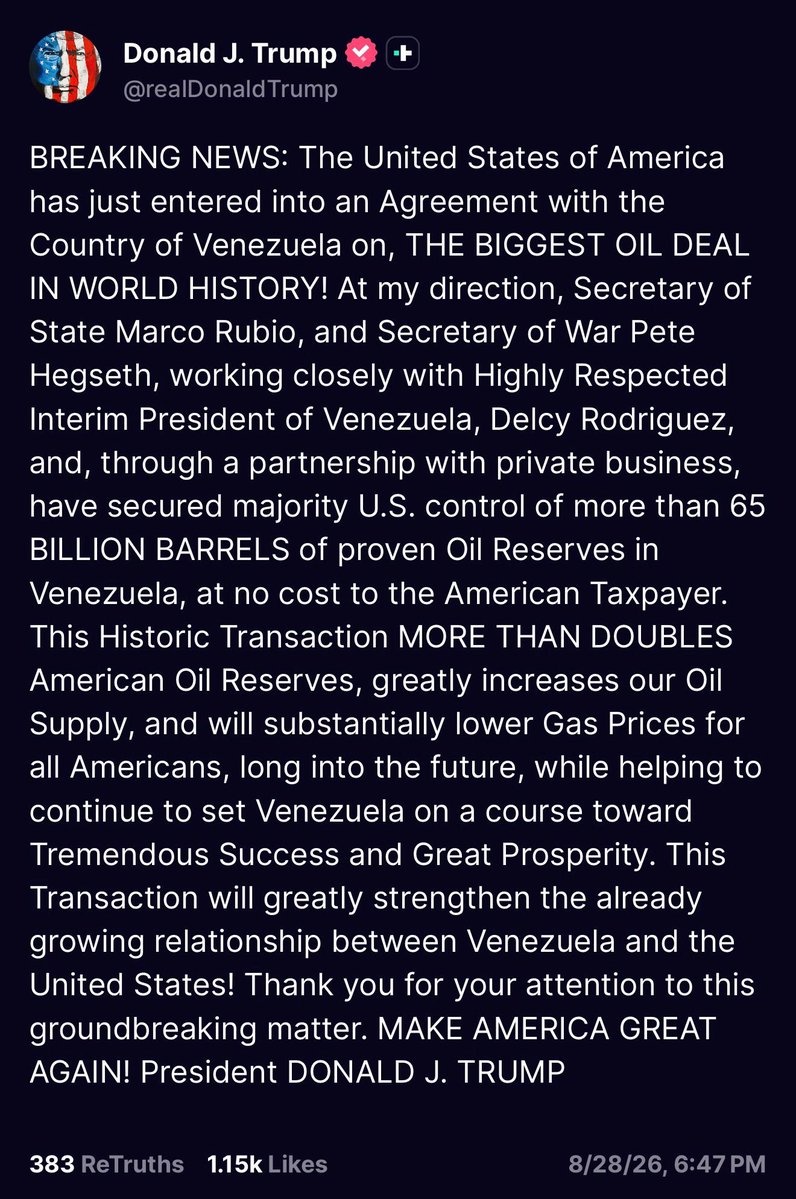 EmmaRincon's tweet photo. 🚨 ÚLTIMA HORA 

Trump asegura que EEUU se acaba de apoderar de más de 65.000 millones de barriles de reservas probadas de petróleo en Venezuela, sin coste alguno para el contribuyente, cortesía de Delcy Rodríguez:

“Los Estados Unidos de América acaban de firmar un acuerdo con Venezuela sobre ¡EL MAYOR ACUERDO PETROLÍFERO DE LA HISTORIA DEL MUNDO! Bajo mi dirección, el secretario de Estado, Marco Rubio, y el secretario de Guerra, Pete Hegseth, en estrecha colaboración con la muy respetada presidenta interina de Venezuela, Delcy Rodríguez, y a través de una asociación con el sector privado, han conseguido que Estados Unidos obtenga el control mayoritario de más de 65.000 millones de barriles de reservas probadas de petróleo en Venezuela, sin coste alguno para el contribuyente estadounidense. Esta transacción histórica MÁS QUE DUBLICA las reservas de petróleo estadounidenses, aumenta considerablemente nuestro suministro de petróleo y reducirá sustancialmente los precios de la gasolina para todos los estadounidenses a largo plazo, al tiempo que contribuye a que Venezuela siga avanzando hacia un éxito tremendo y una gran prosperidad. ¡Esta transacción reforzará enormemente la ya creciente relación entre Venezuela y Estados Unidos! Gracias por su atención a este asunto sin precedentes. ¡HAGAMOS QUE ESTADOS UNIDOS VUELVA A SER GRANDE! El presidente DONALD J. TRUMP”