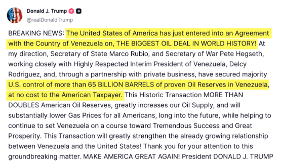 AMK_Mapping_'s tweet photo. Trump has announced an oil deal with Venezuela, where the U.S. has secured majority control of over 65 Billion barrels of oil reserves in Venezuela, doubling America's total oil reserves. https://t.co/SQa9iSqDbW