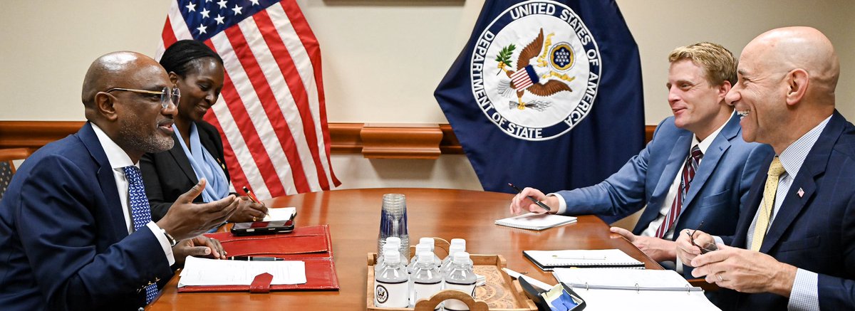 AsstSecStateAF's tweet photo. Assistant Secretary Frank Garcia and Uganda’s new Foreign Minister @adoniaayebare came together today to build on a fast-growing partnership — from Boeing’s aircraft deal with Uganda Airlines to Starlink’s expanding reach — while deepening security cooperation. We are also exploring how U.S.-built infrastructure can foster greater economic growth in Uganda and the region. The U.S. looks forward to advancing shared priorities with this important East African partner.