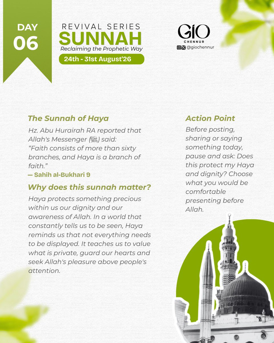 giochennur's tweet photo. DAY 06 | REVIVAL SERIES — SUNNAH
In a world where everything is seen, Haya reminds us that not everything needs to be shared
May our modesty remain a reflection of our faith and love for Allah
✨ Reflect • Learn • Revive
#RevivalSeries #Sunnah #Haya #ReclaimThePropheticWay https://t.co/tA6Ooq2GQb