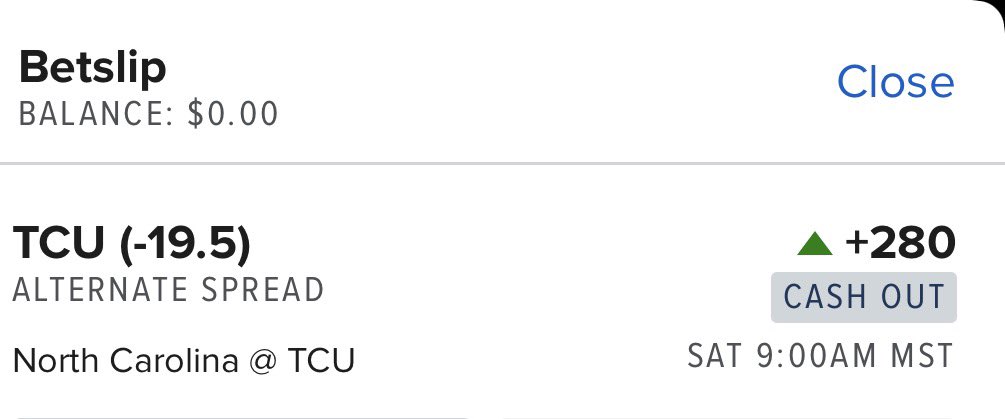 TheCousinSal's tweet photo. The highly-anticipated week zero is upon us. I’m kicking things off wagering on TCU to gut Coach Belichick’s Heels. +280 on @FanDuel. Let’s go!
#FDPartner https://t.co/ZCFdloKYkl