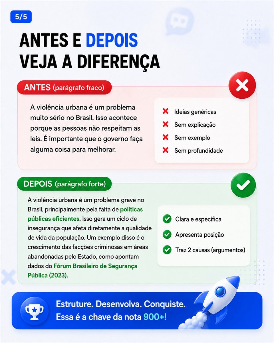 enem365's tweet photo. ❌ "A violência urbana é um problema sério. Isso acontece porque as pessoas não respeitam as leis."
✅ O mesmo parágrafo com causa nomeada, explicação do ciclo e dado do Fórum Brasileiro de Segurança Pública.
Estruture. Desenvolva. https://t.co/mOoWkIUU7Y