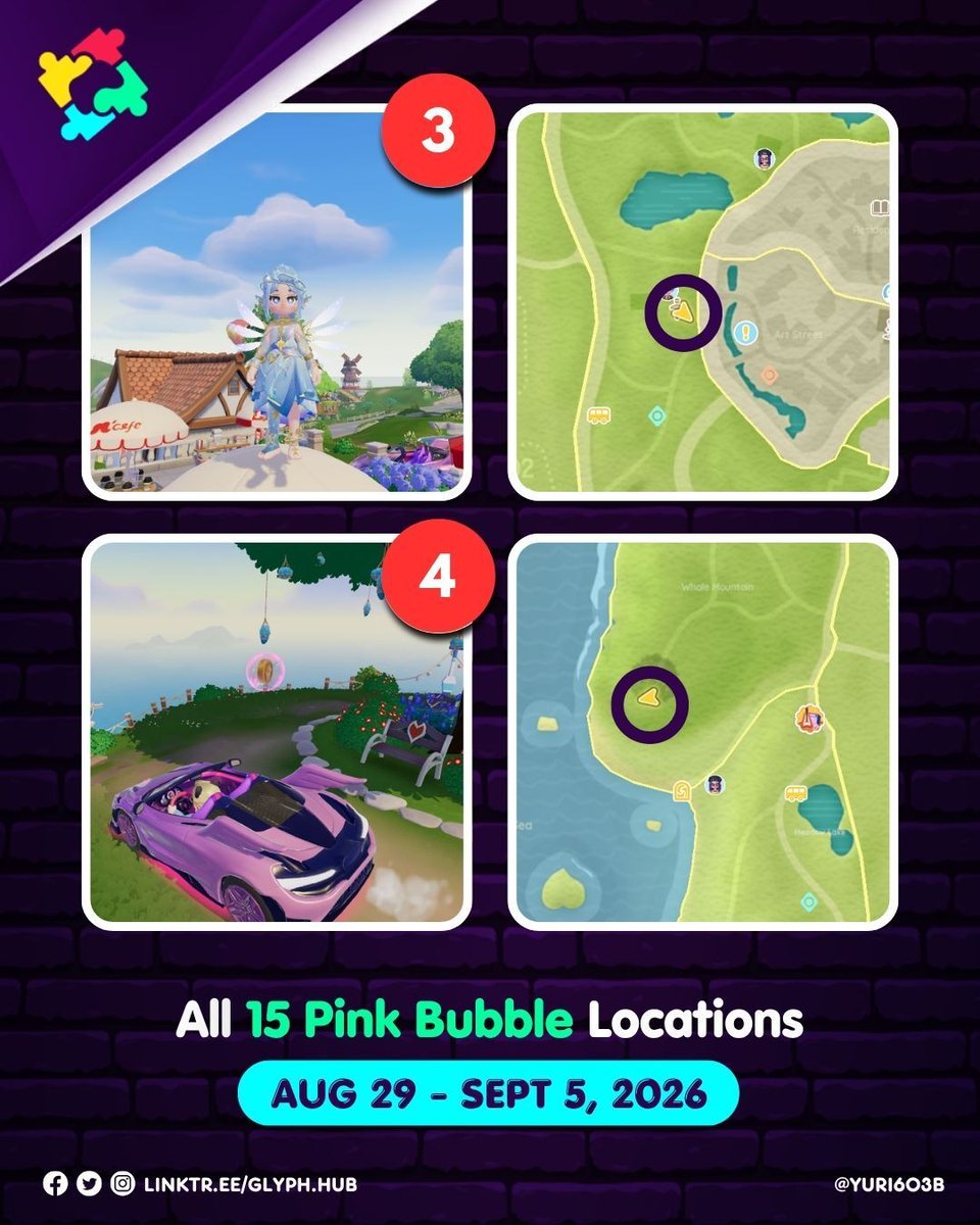Glyph_Hub's tweet photo. [Heartopia]

All 15 Pink Bubble Locations for all servers AUG 29 - sEPT 5, 2026  

#Heartopia #HeartopiaTips #HeartopiaGuide #PinkBubbles https://t.co/FtscPXqg3D