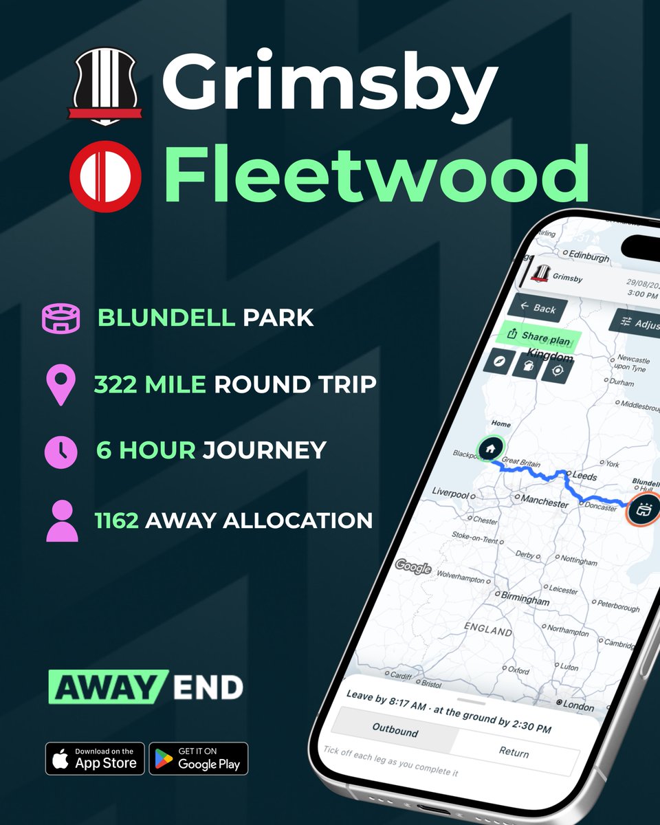 officialawayend's tweet photo. From the Irish Sea to the North Sea—a proper coast-to-coast journey for @ftfc fans today as they head east to Blundell Park to take on @officialgtfc 🔴⚪️🌊

Two iconic seaside towns, a 322-mile round trip, and 6 hours on the road. Massive effort from the 1,162 travelling Cod Army making the cross-country trek!! Safe travels to everyone travelling today 👏⚽️

Planning your route or looking for a designated away pub? Use the Away End app to map out your journey and join the waitlist today!📱

Are you making the east-coast trip to Grimsby today? Drop a comment below! ⬇️

#FTFC #GTFC #CodArmy #Mariners #EFL #LeagueTwo #AwayDays #AwayFans #Groundhopping #FootballTravel #Matchday #AwayEndApp