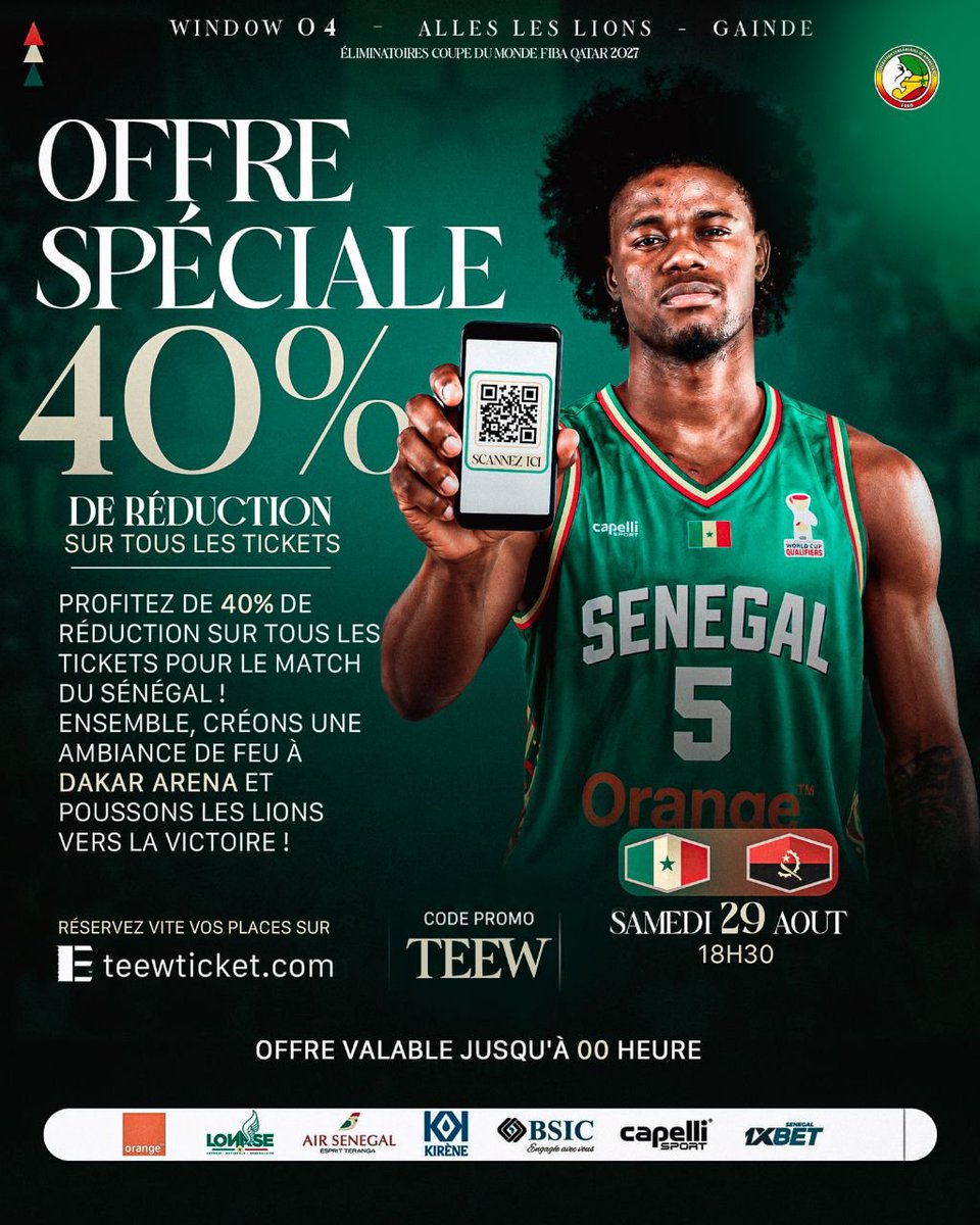 FSBBOFFICIEL's tweet photo. 🇸🇳🏀 GAME DAY ! 🦁🔥
Les Lions du Sénégal sont de retour sur le parquet pour un nouveau défi face à l’Angola !
🇸🇳 SÉNÉGAL 🆚 ANGOLA 🇦🇴
⏰ 18H30
📍 Dakar Arena
Tous derrière les Lions ! 💚💛❤️🦁
#GameDay #GoLions #TeamSenegal #FIBAWC2027 #Window4 https://t.co/qlXpDKyykD