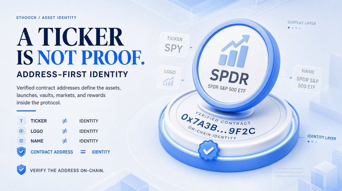 sthoock's tweet photo. A ticker is not proof of an asset. A logo is not proof of an asset. A name on a frontend is not proof of an asset.

Sthoock uses address-first identity across the entire protocol stack. The verified contract address is the single source of truth for which stock token belongs to a basket, which logo belongs to a community token, which launch owns a vault or market, which reward escrow belongs to a holder, and which records the API and indexer return.

This protects users from confusing branding across similar tickers, duplicated symbols from unrelated deployments, and ticker-based assumptions that lead to wrong signatures.

If you are interacting with a Sthoock launch, verify the deployed address. Do not trust the frontend rendering. Do not trust social media screenshots. Verify the address on-chain.

https://t.co/LRKO2QVPLw