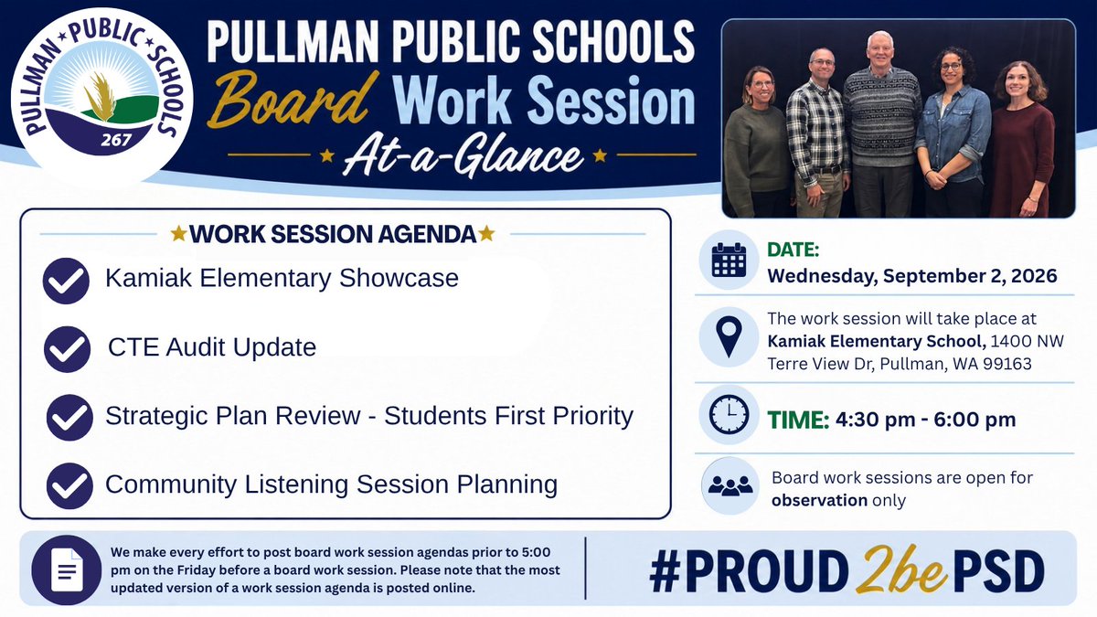 PullmanSD's tweet photo. Pullman Public Schools - September 2, 2026 Board Work Session Agenda. The Board Work Session will begin promptly at 4:30pm and end at 6:00pm at Kamiak Elementary School (1400 NW Terre View Dr). Board work sessions are open to the public for observation only. https://t.co/cJq0x6sF80