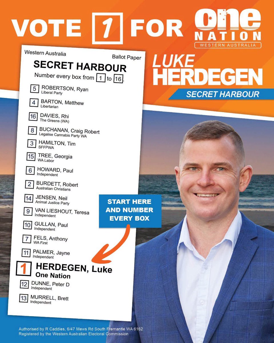 PaulineHansonOz's tweet photo. Today is election day for Luke Herdegen for Secret Harbour - One Nation

Go get em Luke! https://t.co/T9NfajQME9