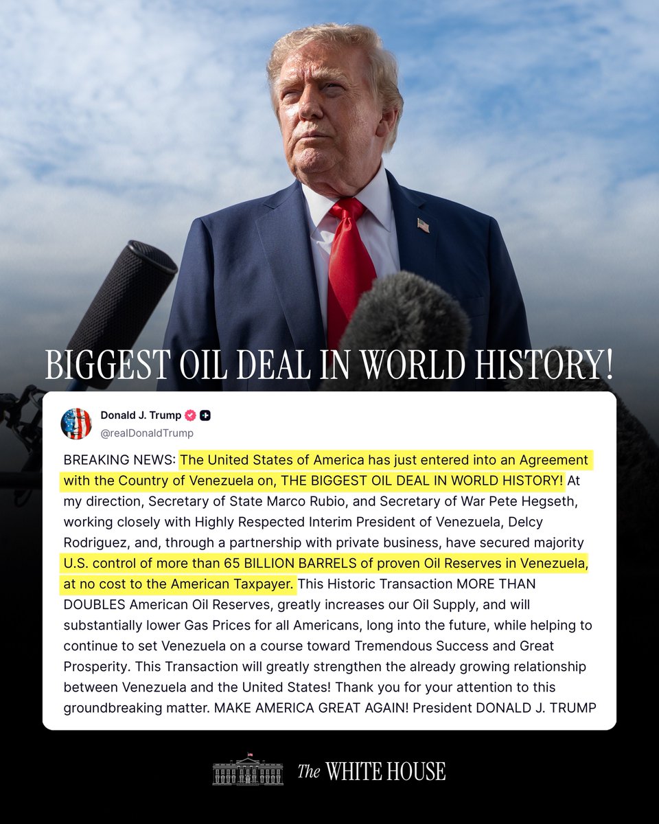 AlexWestwpck's tweet photo. 🚨 "BREAKING NEWS: The United States of America has just entered into an Agreement with the Country of Venezuela on, THE BIGGEST OIL DEAL IN WORLD HISTORY!" - President Donald J. Trump 🇺🇸 https://t.co/La6QKDIlNx