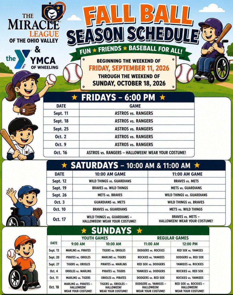 MApplegarth2027's tweet photo. Miracle league of Wheeling fall season starts soon at I-470 feilds.   Come out and share your love of the game with some of the most amazing athletes on 🌎.  #miracleleauge #softball #baseball https://t.co/d7kAhVFRW4