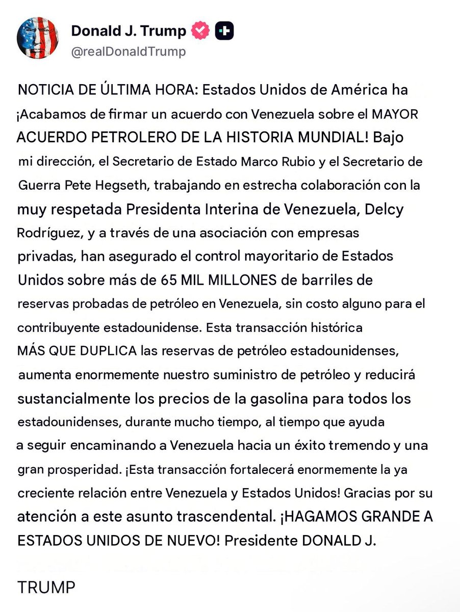 HeverCastroB's tweet photo. Bueno, ahora a esperar que dice Delcy Rodríguez sobre este acuerdo petrolero que según un post reciente de Donald Trump, es el más grande de la historia mundial.

Según Trump, Delcy Rodríguez le acaba de ceder a Estados Unidos el equivalente al 20% de todas las reservas petróleras probadas y certificadas de Venezuela (>65.000.000.000 de barriles). Y lo más interesante es que según él, el acuerdo fue sin ningún tipo de costo para los Estados Unidos, es decir, gratis?. 🤔