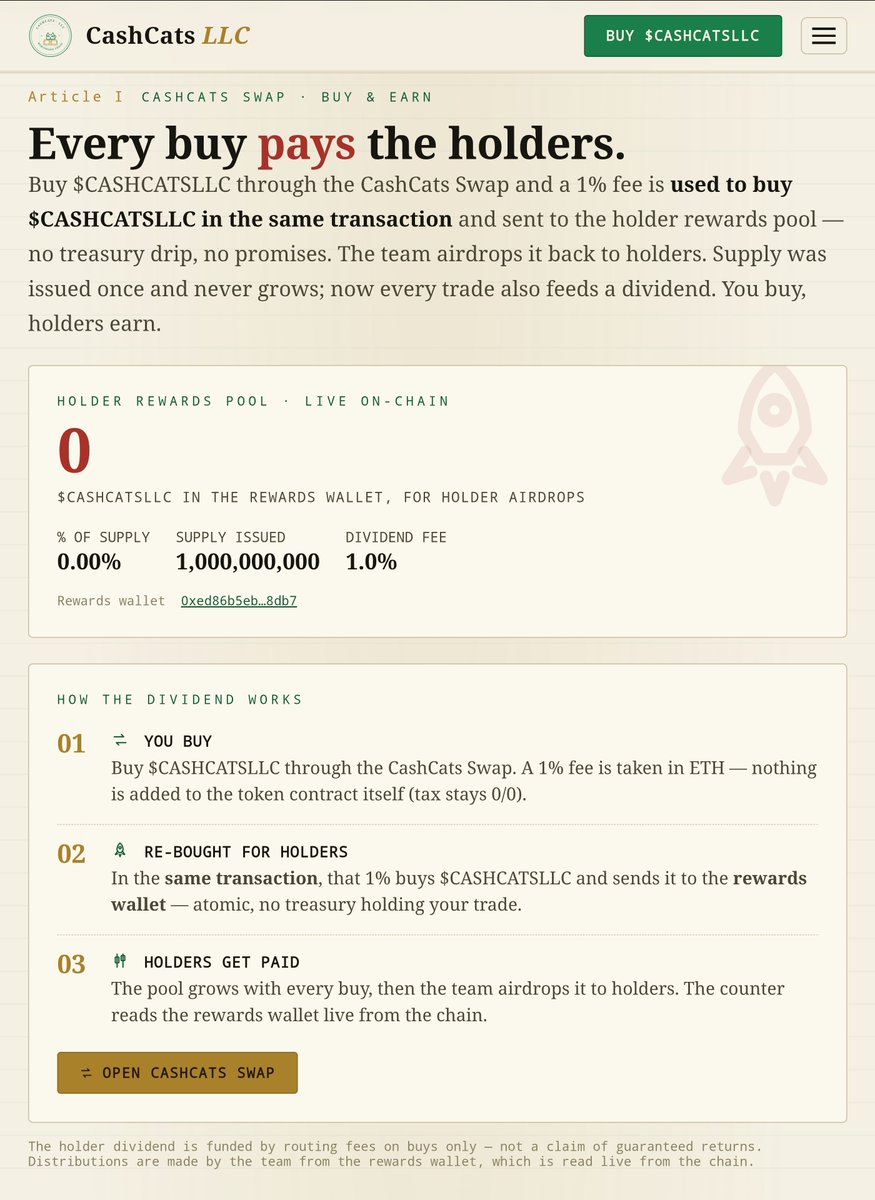 CashCatsLLC's tweet photo. We have revised the tax structure: instead of a 1% tax to burn CashCats LLC, it is now a 1% dividend fee distributed to $CashCatsLLC holders. We intend to use these fees to buy $CashCat and distribute it to our holders. Any changes will be announced here and on the TG group. Thank you for your attention to this matter. Meow!

0x466b4F0be1f6e7Cf87f6de43B3ABd33233EE05cc