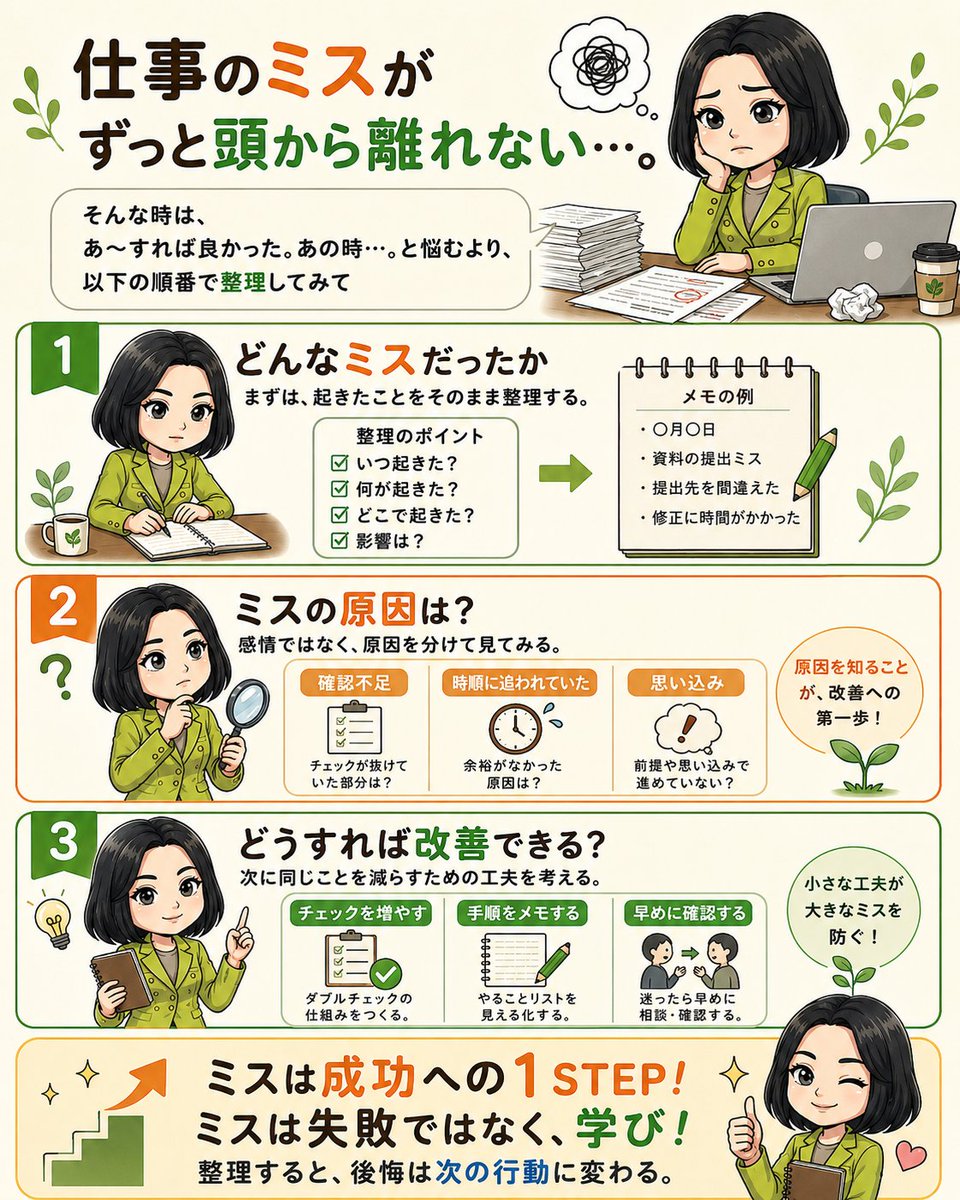 akyk24's tweet photo. 仕事のミスがずっと頭から離れない…。
そんな時は、
あ～すれば良かった。あの時…。と悩むより、
以下の順番で整理してみて
・どんなミスだったか
・ミスの原因は？
・どうすれば改善できる？
ミスは成功への1STEP！
ミスは失敗ではなく、学び！ https://t.co/W8wfX7nkh5