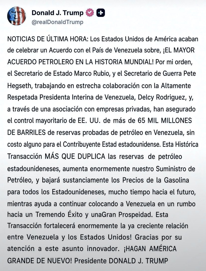 mercadosyaccion's tweet photo. 🔺OJO .. FIRMADO EL MAYOR ACUERDO PETROLERO DE LA HISTORIA MUNDIAL ..-> El presidente de Estados Unidos, Donald Trump, anunció el viernes 28 de agosto de 2026 la firma de lo que calificó como "el mayor acuerdo petrolero de la historia mundial" con Venezuela.. https://t.co/OvmQQ6XYb1