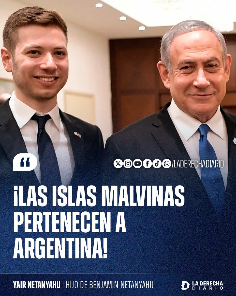 laderechadiario's tweet photo. 🚨🇦🇷🇮🇱 | CONTUNDENTE: Yair Netanyahu, hijo del primer ministro israelí Benjamin Netanyahu, respaldó públicamente el reclamo argentino por la soberanía de las Islas Malvinas.

"¡LAS ISLAS MALVINAS PERTENECEN A ARGENTINA!" https://t.co/QPfS7kwGFO