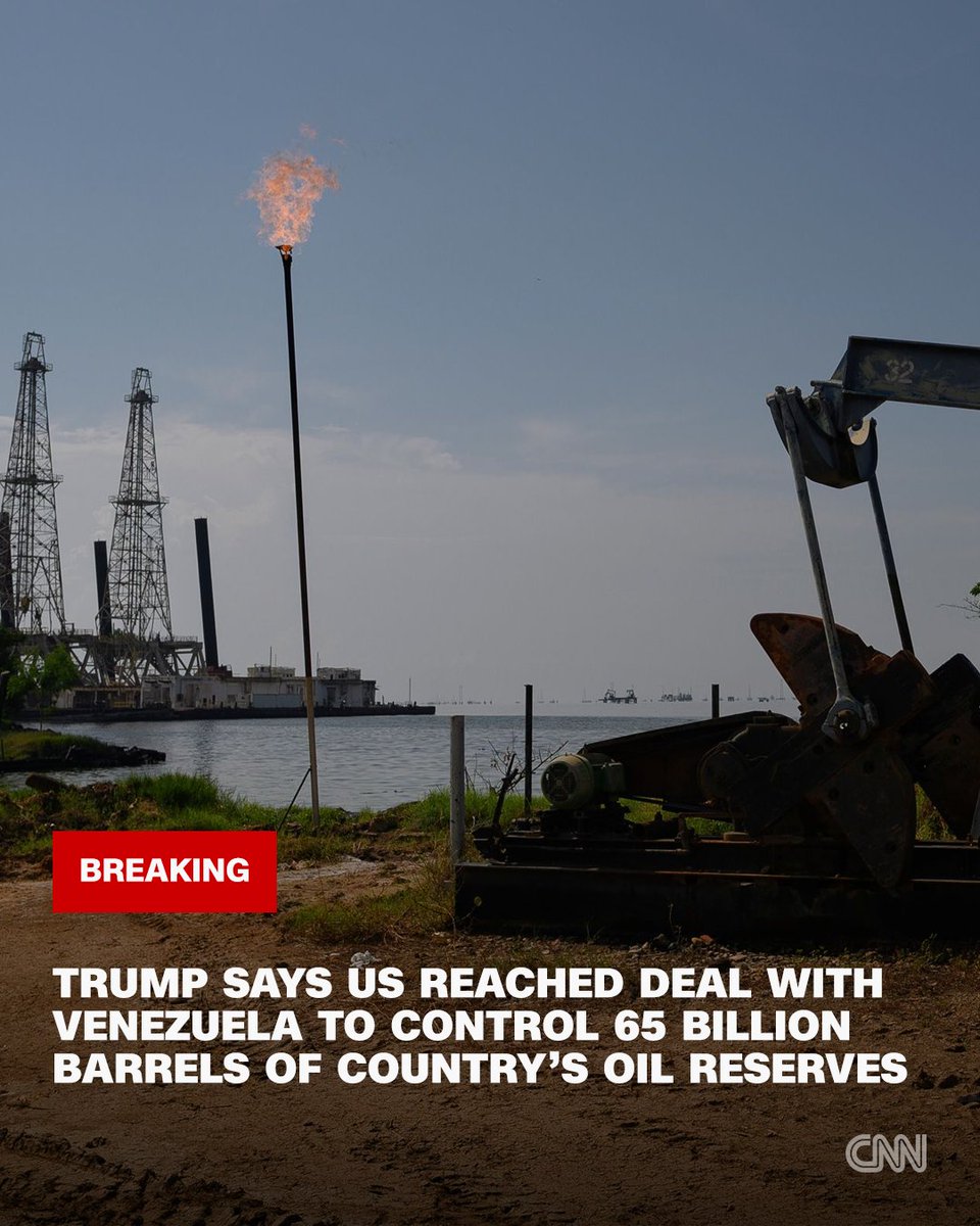 CNN's tweet photo. President Donald Trump says the US has reached a deal with Venezuela to control 65 billion barrels of the country's oil reserves. https://t.co/vOD5abHbtl https://t.co/BNdX2yUbEg