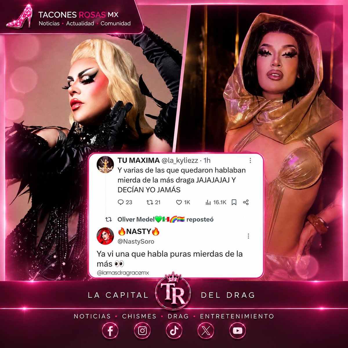 taconesrosasmx's tweet photo. 🔥 ¡SE DESTAPA EL CHISME ANTES DE LA MÁS DRAGA 8! 🔥
Kyliezz y Soro Nasty aseguran que varias de las preseleccionadas para La Más Draga 8 habrían hablado MUY mal del proyecto en algún momento… 👀💅
#taconesrosasmx #LMD #lamasdraga8 #lacapitaldeldrag https://t.co/4ITmM97paq