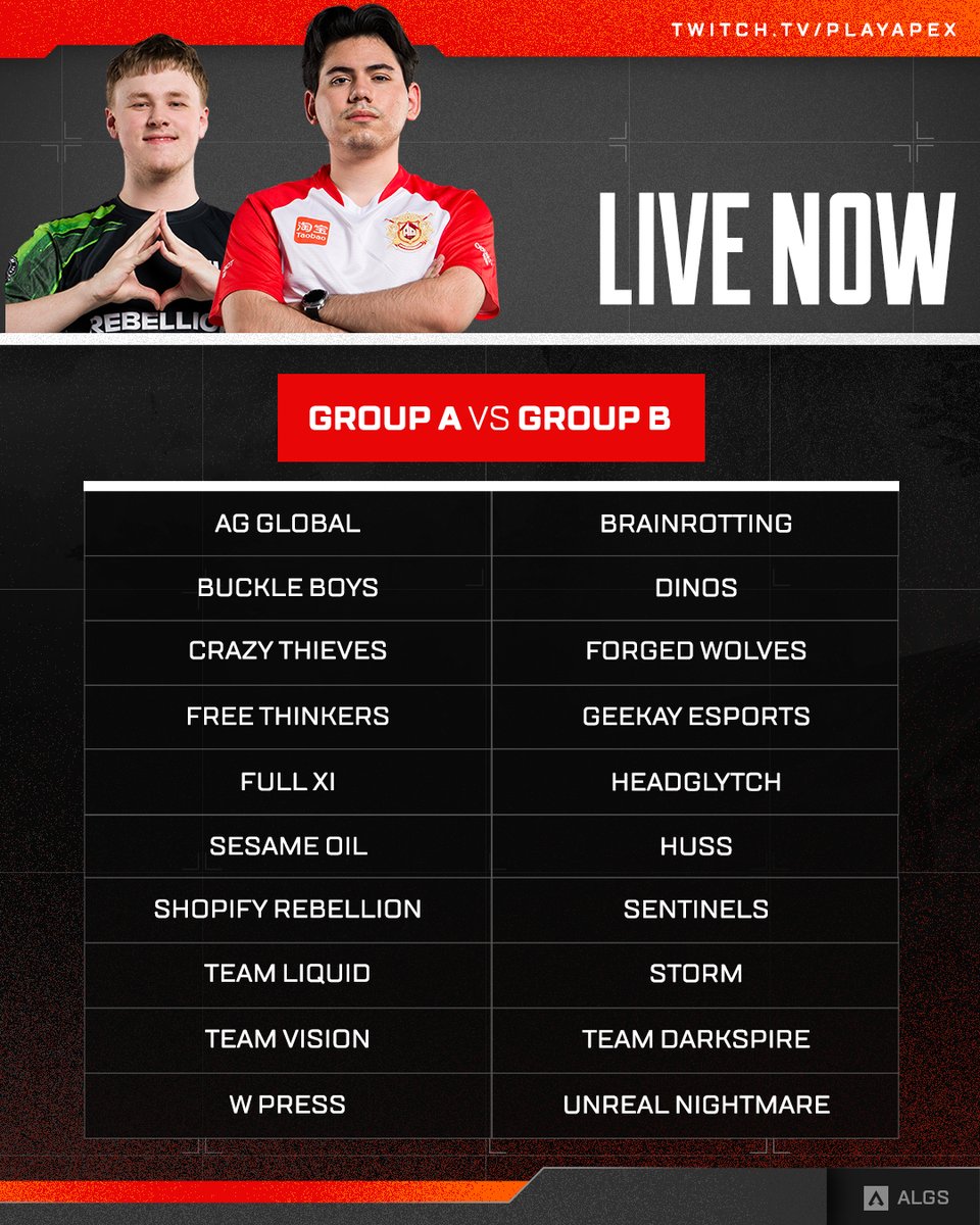 PlayApexEsports's tweet photo. It's #ALGS o'clock ⏰

Match Day 4 of the Americas Split 2 Pro League is live now ‼️

📺 https://t.co/SnTRWLff1M
🟣 https://t.co/MZUcjjGet3
🔴 https://t.co/2aA7rUosDV https://t.co/q5rgZF4oDu