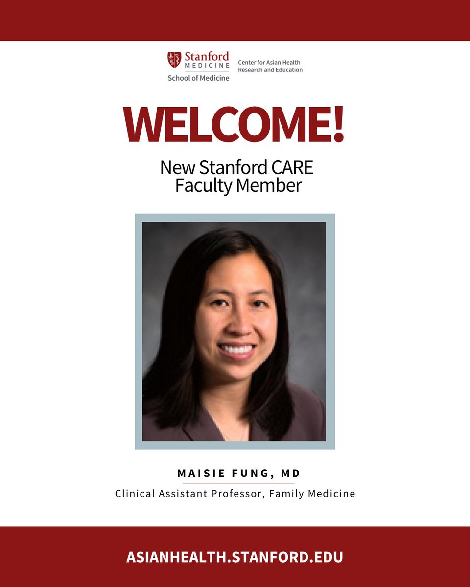 StanfordCAREs's tweet photo. We’re excited to welcome Maisie Fung, MD, to Stanford CARE! Dr. Fung is a family medicine physician and clinical assistant professor of medicine at Stanford’s Vaden Health Center. Learn more about Dr. Fung: https://t.co/fJbS5gGmJI #StanfordCARE #FamilyMedicine #ClinicalEducation #PhysicianWellbeing #Mentorship #AsianHealth