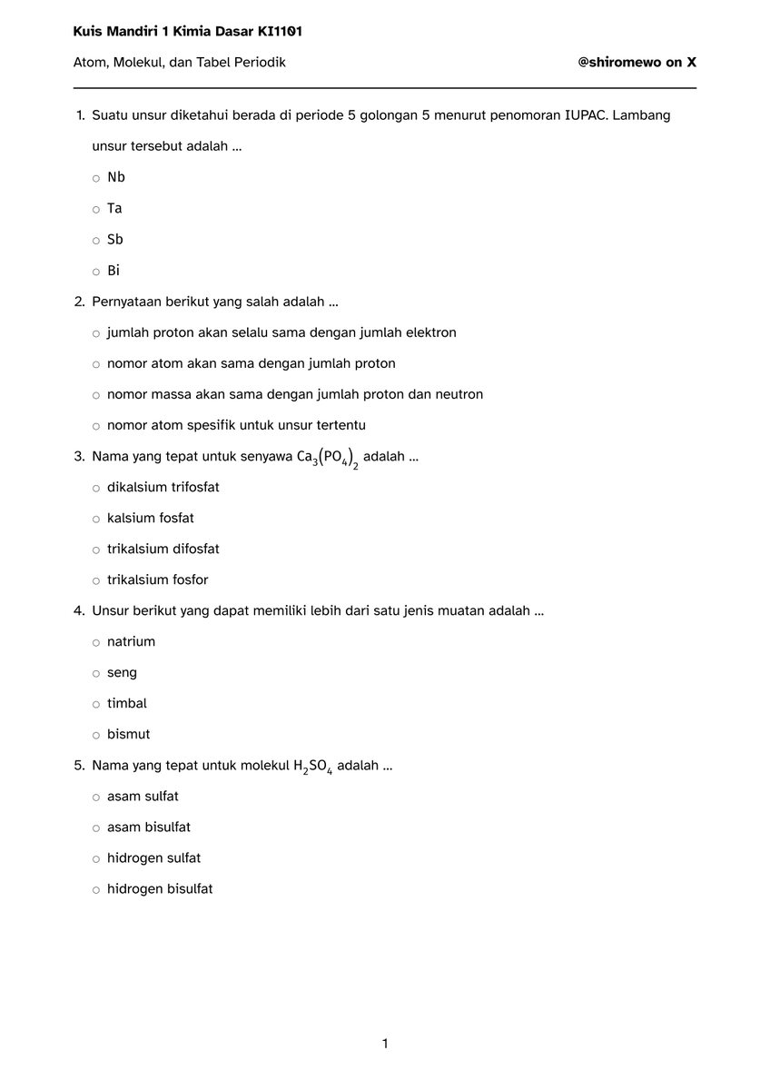 shiromewo's tweet photo. Pengen ngarsipin aja sih.
Kuis Mandiri 1 Kimia Dasar
Topik : Atom, Molekul, dan Tabel Periodik.

https://t.co/lNKnOqc1mC
Dyslexia Friendly :
https://t.co/NOzfPryOPP

Insya Allah akan diperbarui secara berkala :3. https://t.co/tMddJfKqJb