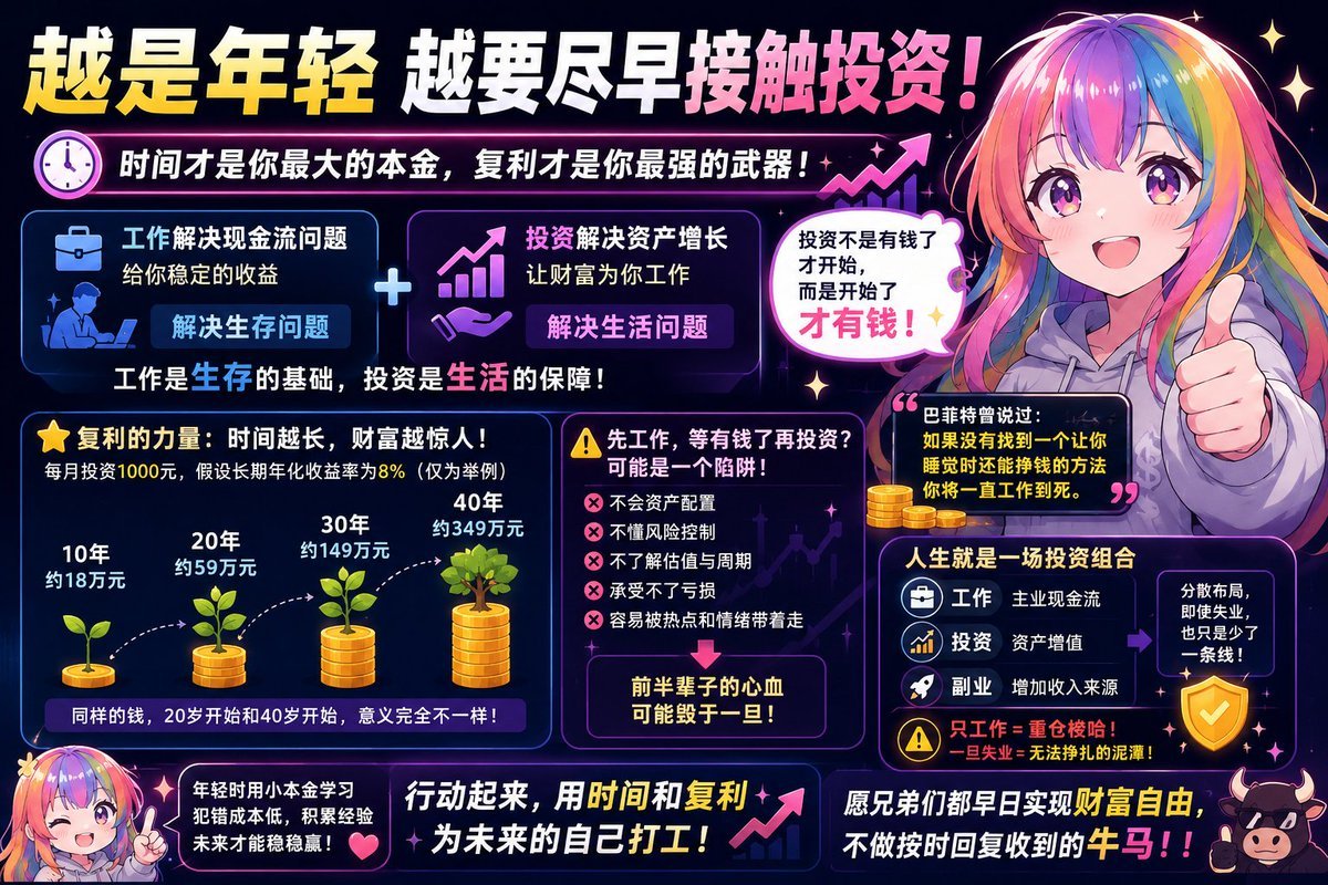 xinjinweb3's tweet photo. 被年轻人在没有大资金的前提下不要投资，这个说法对吗？

最近听到一个说法挺有意思的，大意就是说年轻人在没有赚到大资金的前提下，没必要去关注投资理财，而是要认真工作来赚第一桶金，不要进行任何投资。我的观点恰恰相反，越是年轻越要接触投资。

首先越是年轻人越要尽早接触投资。

为什么？巴菲特曾说过“如果没有找到一个让你睡觉时还能挣钱的方法你将一直工作到死”。从长期来看工作解决的是现金流问题，他能给你稳定的收益，解决的是你生存问题，而投资解决的是资产增长，他能解决的是你生活的问题。

那为什么我说越是年轻人就越要尽早接触投资？一个年轻人对比其他人来说，最大的优势其实不是钱，而是时间。投资就是一场长时间的复利游戏，年轻人在这场游戏里天然有着优势。

假设一个20多岁的人每个月只能拿出1000块投资，看起来一年才1.2万，确实没多少钱。但投资最大的意义并不是第一年赚多少钱，而是给复利足够长的时间。

举个非常粗略的例子：每月投资1000元，假设长期年化收益率为8%：

10年：约18万元
20年：约59万元
30年：约149万元
40年：约349万元

8%不是保证收益，这只是举了个例子，现实投资还会经历亏损、波动和不同收益率。但这个例子说明了一件事，年轻人的优势不是本金大，而是时间长。同样的钱，20岁开始和40岁开始，意义完全不一样。就像兄弟们说的，要在最硬的年纪赚到最多的钱是一个意思。

还有就是先工作，等有钱了再投资可能是一个陷阱。

这是我觉得最值得反驳的一点。

很多人会说，等我赚到100万以后再投资，问题是，投资能力本身也是需要学习和积累的。如果一个人30岁之前完全不接触投资，等到40岁突然拥有100万，这时候再来投资结果可能是不知道资产配置，不知道风险控制，不知道估值，不知道市场周期，承受不了亏损，容易被热点和情绪带着走。这都可能会让你前半辈子的心血毁于一旦，说个容易懂的，刚进币圈的兄弟大多都经历过被骗，乱点链接被盗钱包等，如果这些意外发生在你没多少钱的时候，他就等于是接种了疫苗，这些都是宝贵的经验，如果你等到有钱了再来投资，结果是完全不一样的，年轻时用小本金学习，犯错成本相对低。投资不一定要从“大额赚钱”开始，也可以从“小额建立认知”开始。

最后我想说的是，兄弟们一定得留着一笔钱用来学习投资，只工作，不拥有资产他停止工作后结果只有等死。如果把人的一生当作投资来看，你工作，投资，做副业就等于是分仓，就算失业了，你也只是少了一条线，但如果你只工作，就等于是重仓梭哈，一旦失业等着你的将会是无法挣扎的泥潭，愿兄弟们都早日实现财富自由，不做按时回复收到的牛马！！