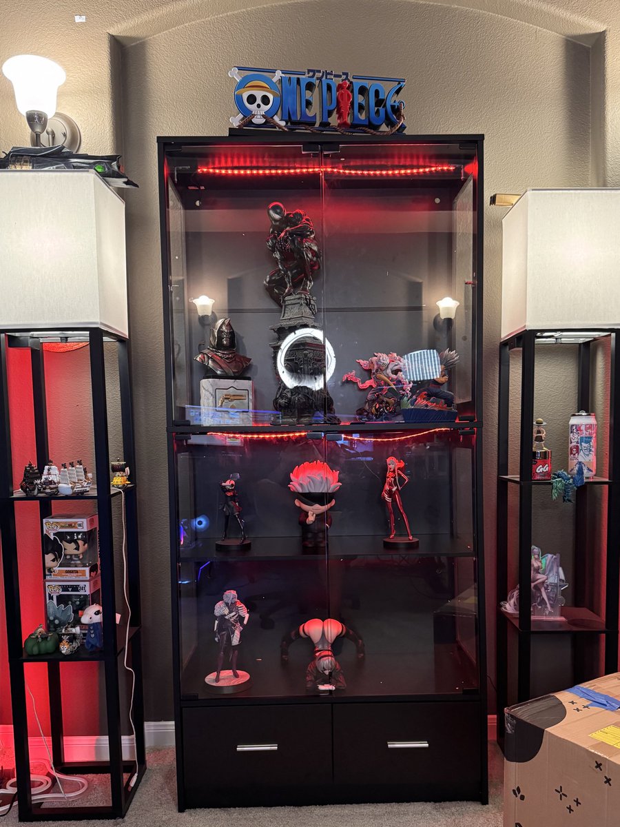 IFrostBolt's tweet photo. Spent all day yesterday setting this up! Excited about this because I got some new statues I’m unboxing on stream today and adding to the display. 👀

Very happy. One of my goals this year was to build up a new collector area in my room. This is a big step towards that! 

Short D2 session to make up for the ass whoopin we got on LFG the other day 

Live rn