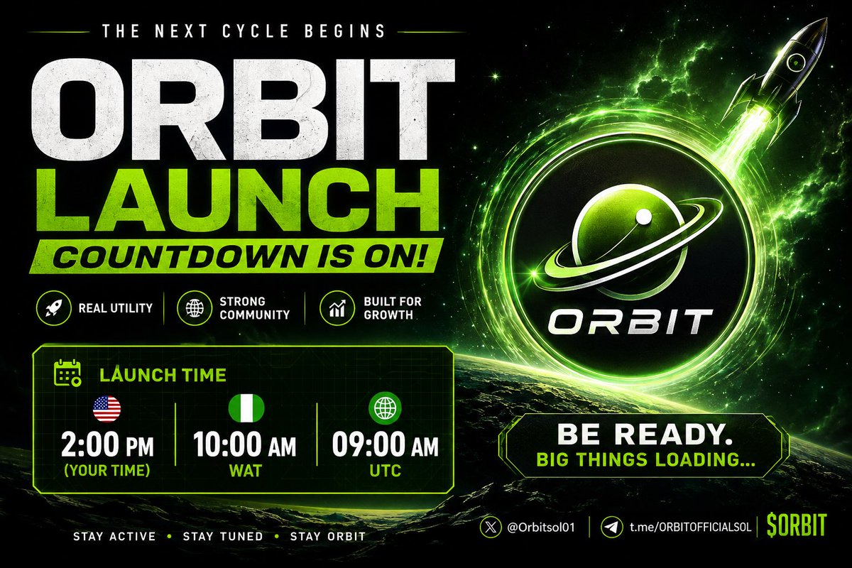 Orbitsol01's tweet photo. 🚨 ORBIT LAUNCH COUNTDOWN 🪐🚀

LAUNCHING TODAY — 10:00 AM WAT / 09:00 AM UTC

The countdown is on. 🔥

Get ready. Stay active.
The next cycle begins today.

🪐 $ORBIT

#ORBIT #Solana https://t.co/Iho2hBOADK