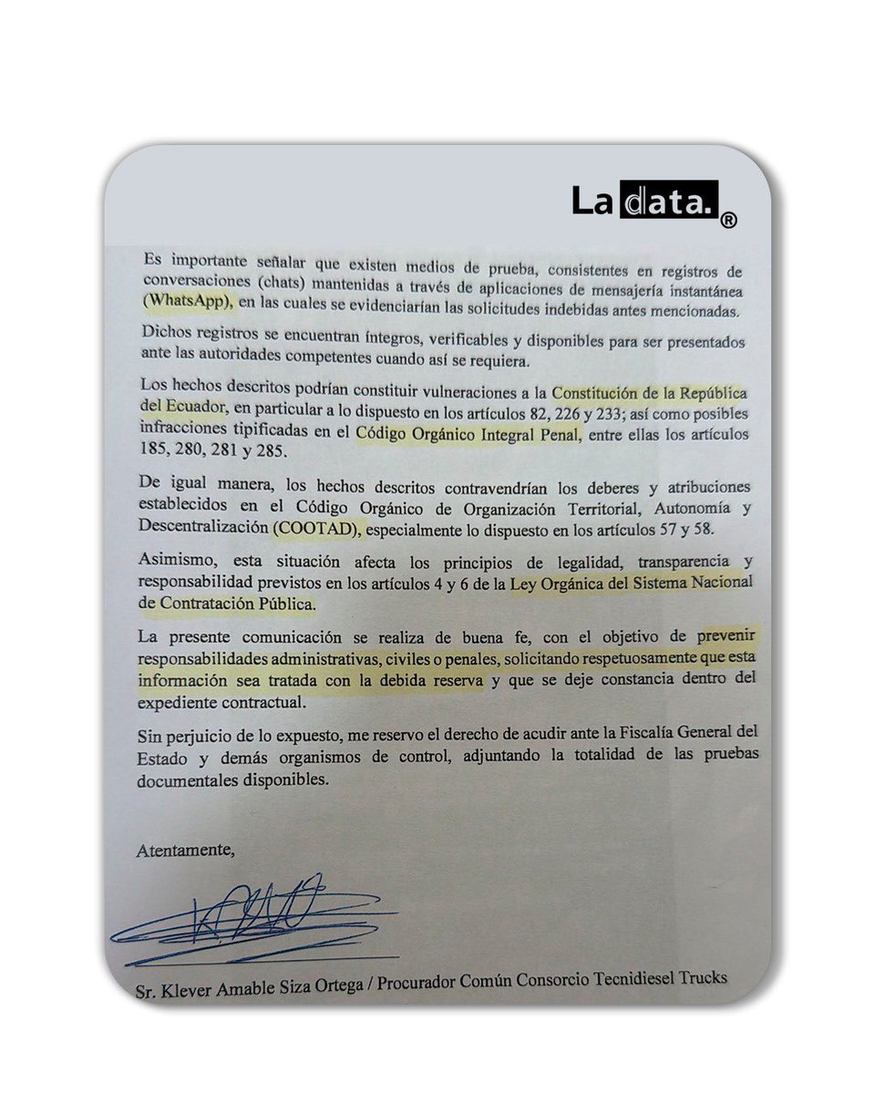 ladataec's tweet photo. #Tendencia Concejal de Orellana Miguel Murillo y su camarografo delinquieron 3xtorsionando a un proovedor del municipio

Contratista del GAD Municipal Francisco de Orellana denuncia públicamente presuntos actos de 3xtorsión por parte del concejal Miguel Murillo y su colaborador Edison Apunte. Según la denuncia, le habrían solicitado dinero indebido a cambio de "no dañar su imagen" y evitar trabas en la ejecución del contrato de mantenimiento vehicular.

El afectado presentó chats y comprobantes de depósitos como evidencias ante el administrador del contrato. Advierte que acudirá a la Fiscalía si no se toman acciones. Los hechos podrían vulnerar la Constitución y el COOTAD, y configurar delitos como cohecho o extorsión.

Desde el Municipio se indicó que el concejal "solo fiscaliza". El denunciante insiste en que mostrará todas las pruebas. Se espera una investigación transparente para esclarecer estos graves señalamientos que comprometen la ética pública y la confianza ciudadana.

@ladataec👈

#LaData #TendenciaPolitica #Orellana #MiguelMurillo
