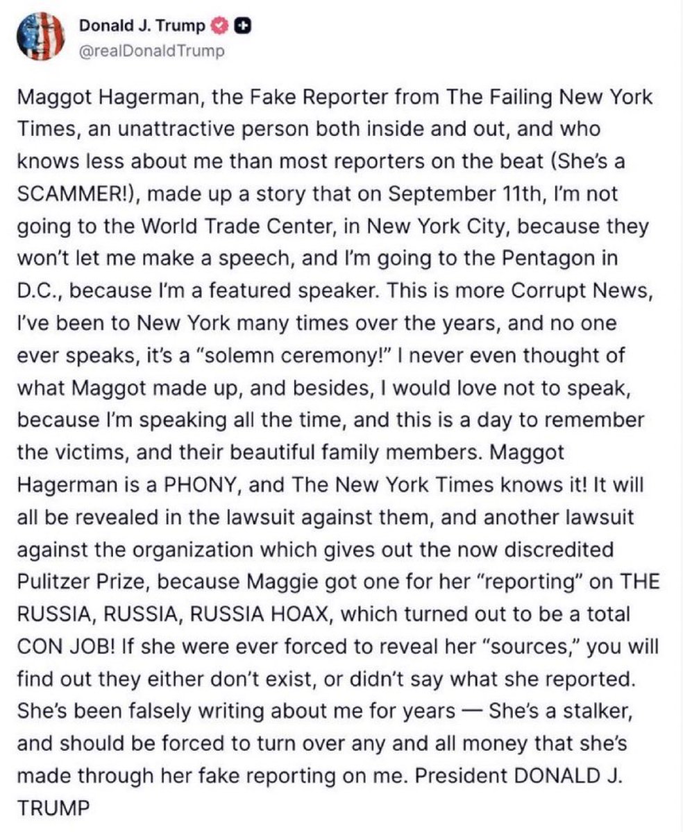 ReillyBelle57's tweet photo. Well, Trump is big mad at New York Times journalist Maggie Haberman this time because she reported he wouldn’t be at Ground Zero ceremony on 9/11 because he can’t give a speech. https://t.co/jfxikivirs