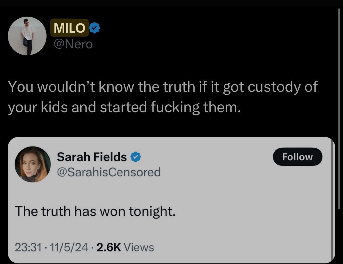 SarahisCensored's tweet photo. 🚨For those who keep asking me why I am celebrating Milo’s deportation🚨

In 2024, this FILTH thought it would be funny to make up horrible things about me as a mother, made flippant jokes about my children being r*ped, and mocked my past DV situation. 

And even when receipts were presented proving that he was wrong, and that what he was saying about me as a mother was completely false, he admitted to KNOWING he was wrong.

He just didn’t care.

He didn’t care that he was weaponizing his account, his audience, and his lies against me and my babies. He didn’t care about the damage those lies could cause. He knew they weren’t true, and he continued anyway.

All because I dared to disagree with him via private messenger.

I don’t care what your issue is with someone. I don’t care how angry you are. I don’t care how badly you want to attack them.

You leave the kids ALONE.

Children are not ammunition. They are not punchlines. And joking about children being r*ped because you have an issue with their mother is a level of depravity I will never understand.

I knew God would take care of you sooner or later.