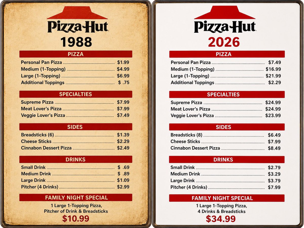 GuntherEagleman's tweet photo. Can we go back to 1988, @pizzahut? 😂

A large pizza was $6.99. Breadsticks were $1.39. A pitcher of drinks was $2.99. And the whole FAMILY NIGHT SPECIAL — large pizza, breadsticks and a pitcher — was $10.99.

Now that family special is $34.99.

In 1988, you could feed the whole family without checking your bank account first. In 2026, you’re staring at the menu wondering if the pepperoni comes with a payment plan.

Man… we didn’t know how good we had it.