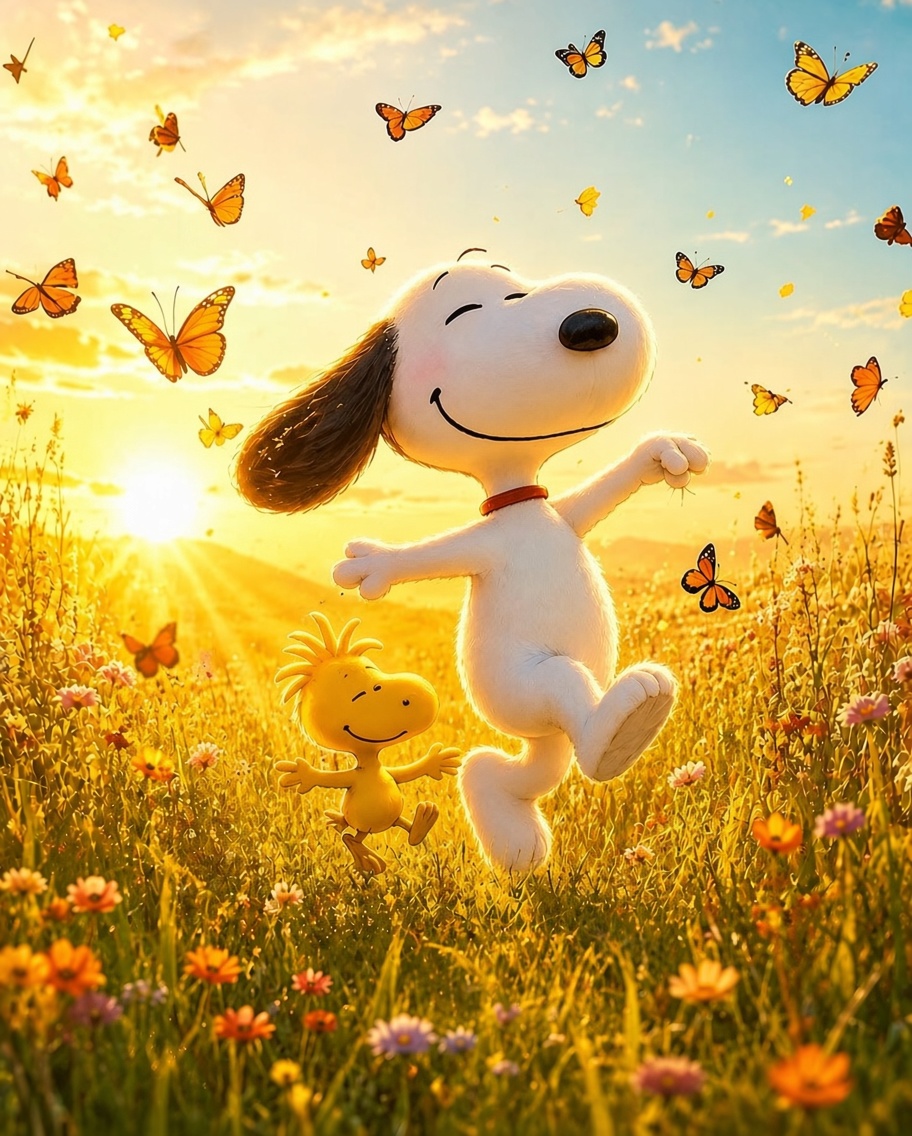 Snoopy_Kings's tweet photo. Snoopy &amp; Woodstock: Dancing in the Golden Sunrise ☀️🦋 https://t.co/7vVSZOWg2O
