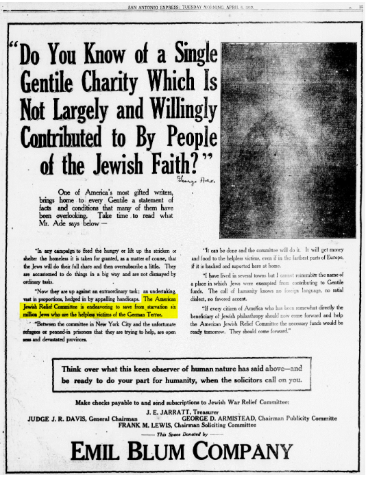 morgonjo's tweet photo. @RobertMGHowes @gisbert_ruben 1919: San Antonio Express - Tuesday April 8, 1919, p.15 – Backup 1 – Backup 2
"El Comité de ayuda judeo-americano está intentando salvar de la inanición a seis millones de judíos quienes son víctimas indefensas del terror alemán." https://t.co/XYoZoU790I