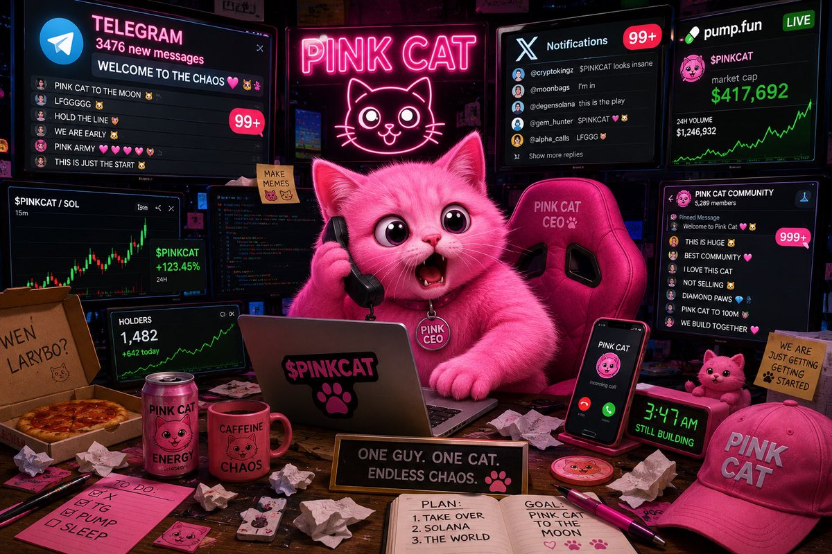 ThePinkCatCoin's tweet photo. I launched $PINKCAT thinking I’d have to fight to get a community started and now the Telegram is complete fucking chaos 😂💗🐱

I’m one guy bouncing between X, Pump, Telegram, making memes, talking to people and trying to build this thing while you guys are apparently losing your minds in the chat 😂

This is exactly what I wanted though.

No giant team behind the scenes. Just me, a pink cat and a community that showed up and decided to build this with me.

I have no idea how far we can take this.

But I really wanna find out. 💗🐱

$PINKCAT