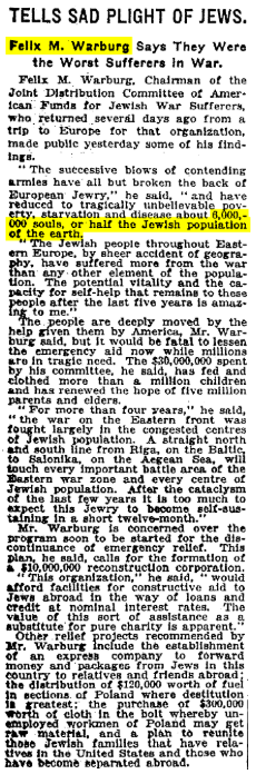 morgonjo's tweet photo. @RobertMGHowes @gisbert_ruben 1919: New York Times - November 12, 1919 - Backup
New York Times: "La guerra ha traído una pobreza trágicamente increíble, el hambre y la enfermedad a aproximadamente 6 millones de almas, o la mitad de la población judía sobre la tierra." https://t.co/ByZCc9JBBl