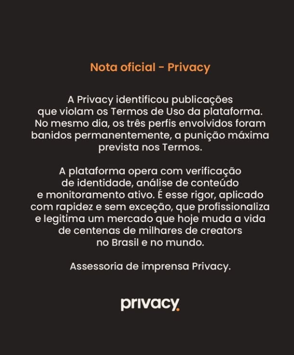 poptime's tweet photo. 🚨Privacy emite nota oficial informando que baniu o perfil dos 3 criadores de conteúdo adulto que debocharam do ass*ssinato da Família Richthofen. https://t.co/Ud484US9SI