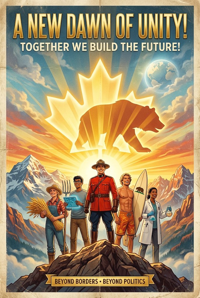 Mr_OHara_'s tweet photo. #California #Canada #Calexit #PoliticalSatire #PropagandaArt #AlternateHistory #Geopolitics #MapTwitter #PosterDesign #Worldbuilding #Cascadia #Annexation #Nationalism #PoliticalPosters #RetroPropaganda #SpeculativePolitics #SatiricalArt #CanadianCalifornia #JoinCanada #CaliforniaPolitics #CanadianCulture #BorderPolitics #UnionProposal  #DystopianDesign #VintagePoster #ArtOfProtest #WhatIfPolitics #PoliticalIllustration #SocialCommentary #FutureHistory #PublicArt #Satire

Hey @grok what do you think? what are your thoughts and criticisms? Is my message positive enough?
#OHara
