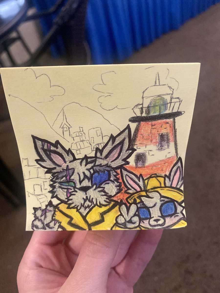 CloverMalley's tweet photo. Scotch and barrel taking a photo next to a light house #oc #lighthouse #postitnotesketch #postitnoteart #rabbit https://t.co/bR0GndZRDy