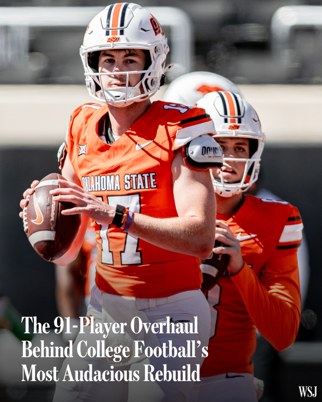 WSJ's tweet photo. Oklahoma State has a new coach, mostly new players and a giant hole to climb out of. The Cowboys’ model is reigning national champion Indiana. 🏈 https://t.co/FDuZGuTp11 https://t.co/lQ3wcwXsFG