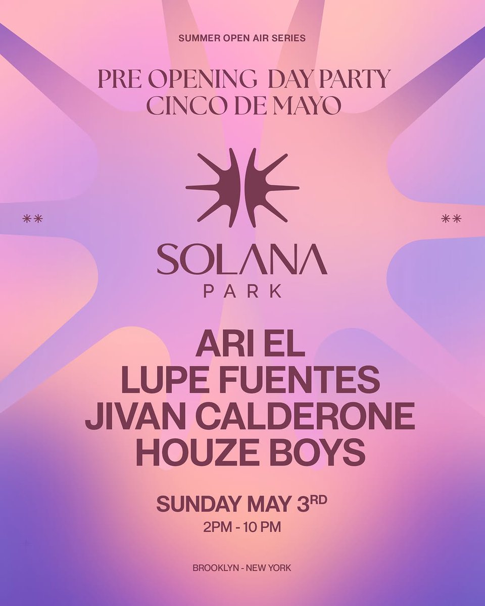 vicky_hdd's tweet photo. We're unlocking Solana Park for the inaugural time this Cinco de Mayo weekend. 🌞

Pre-Opening Day Party with appearances by ari_elofficial, lupefuentes, jivancalderone, and houzeboys.

Bringing that Brooklyn open air energy from 2PM to 10PM.

Catch t... https://t.co/eac6GLwd4K