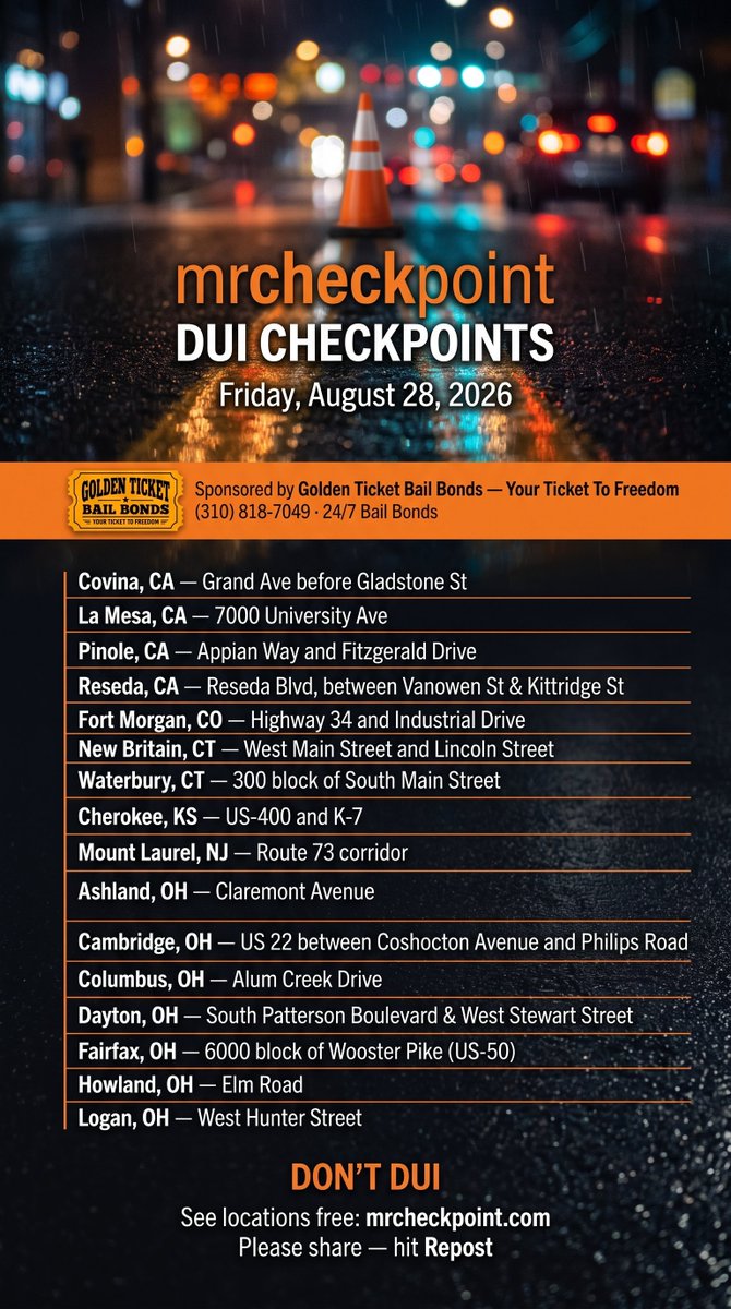 MrCheckpoint's tweet photo. DUI Checkpoints Friday August 28th 2026

See the checkpoints for free &amp; get real time alerts on Telegram at https://t.co/wKiTf8JEi5 https://t.co/H4FoDFuMKC